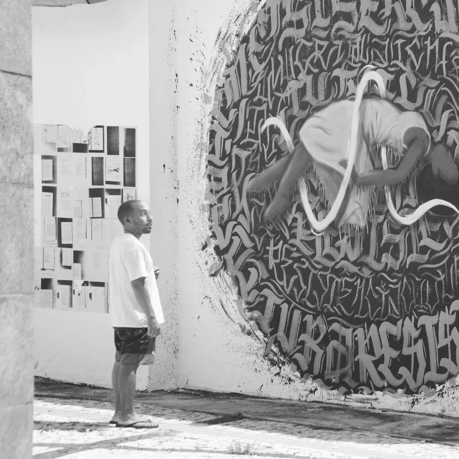 Fotografia em tons de cinza de um homem observando atentamente um mural de graffiti no Centro Cultural Dragão do Mar de Arte e Cultura